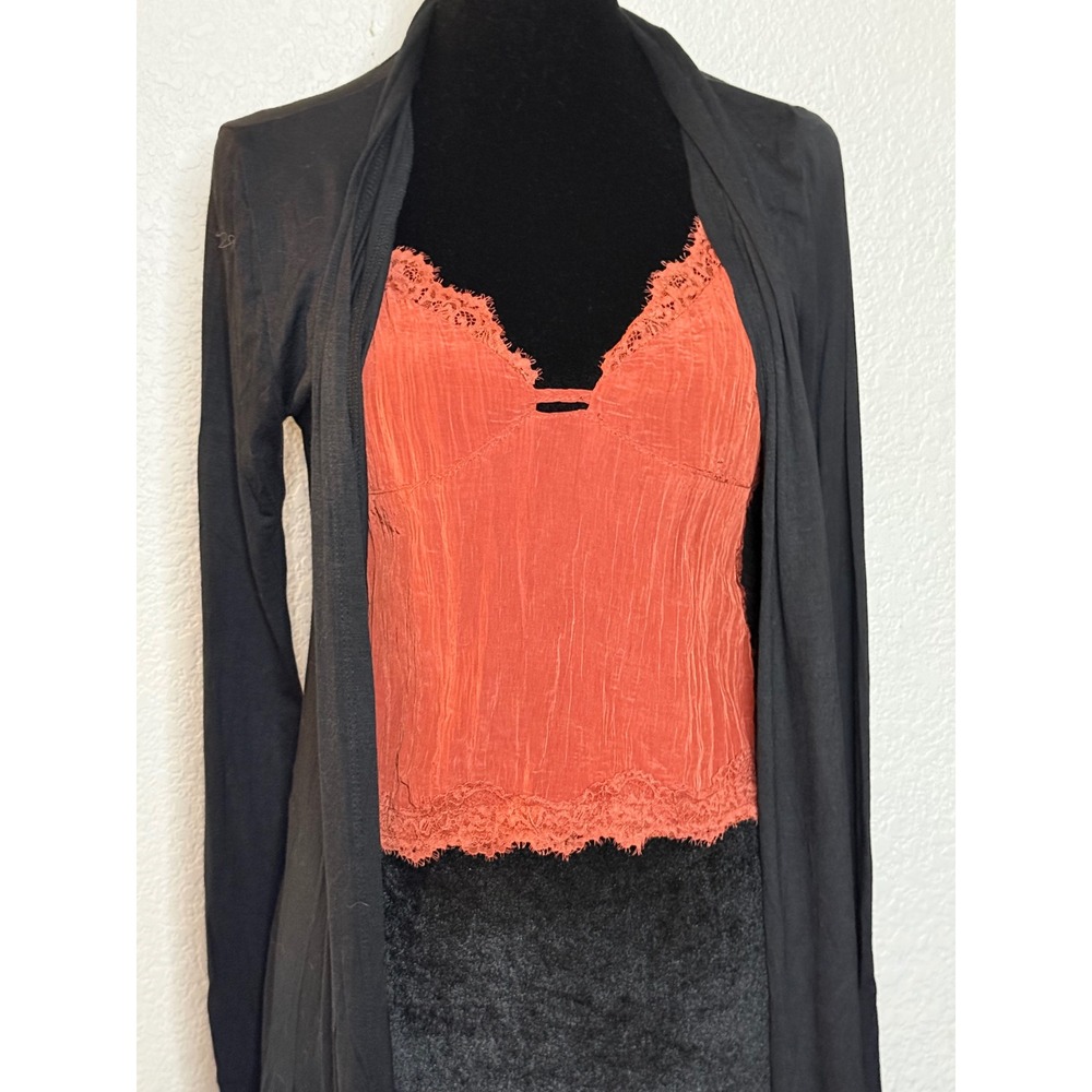 Burnt Orange Lace Trim Crinkle Camisole Top Sheer Mesh Tie Back Cami
